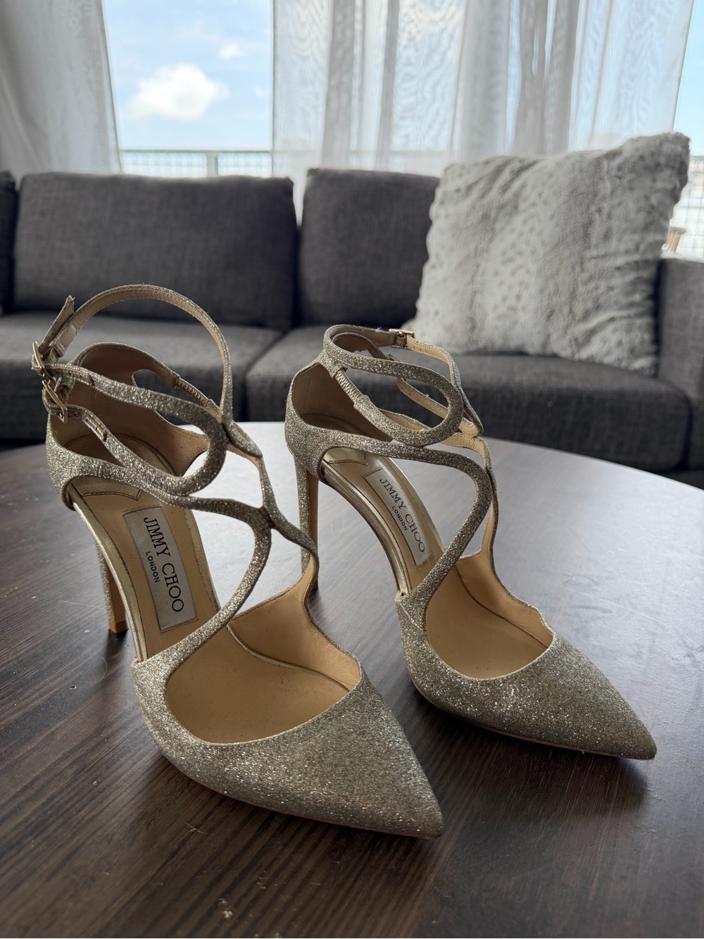 Jimmy Choo Silver Glitter Strappy Pointed-Toe Heels